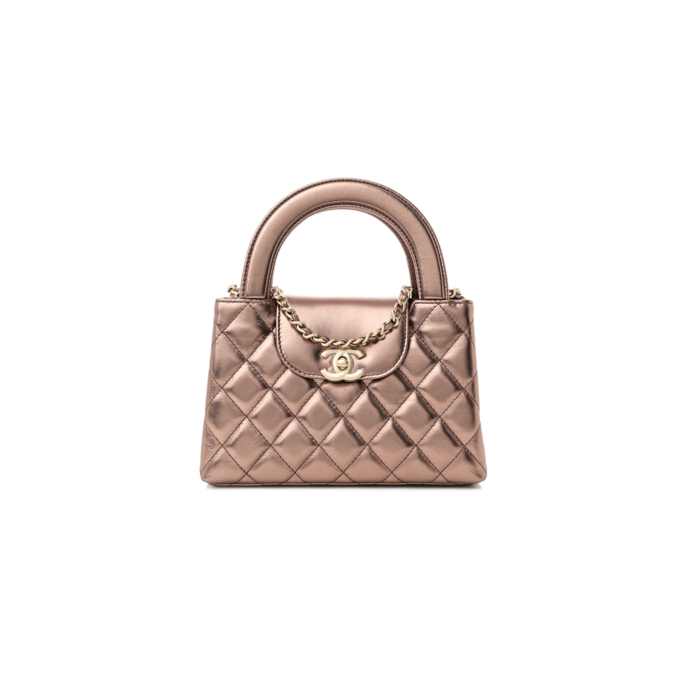 CHANEL METALLIC AGED CALFSKIN QUILTED NANO KELLY SHOPPER LIGHT BROWN (19*13*7cm) 